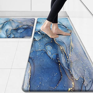 Cushioned Anti Fatigue Set of 2 Abstract Marble Waterproof Non Slip Waterproof Non Slip Kitchen Floor Mat Comfort Memory Foam Standing Mat for Kitchen Floor, Blue