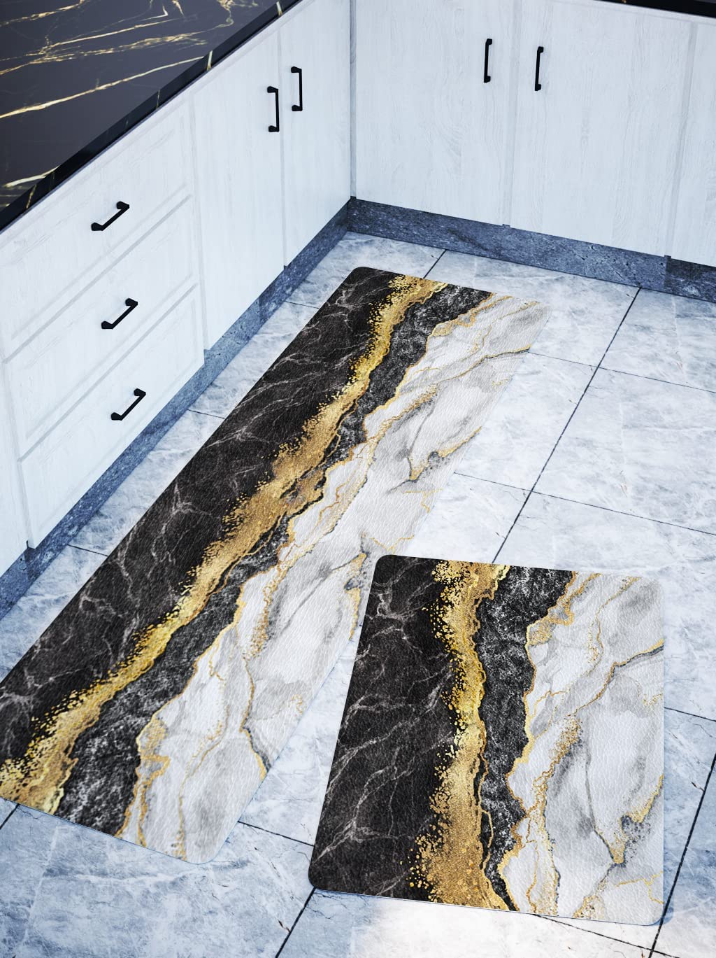Black and Gold Marble Kitchen Mat Geometric Kitchen Rugs Set of 2