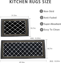 Washable-Kitchen-Mats-for-Floor Non-Slip Kitchen Mats Set of 2 Absorbent Kitchen Runner,19.7 X 31.5”+19.7 X 47.2”, Black