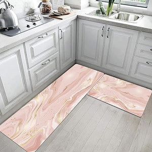 Set of 2 PVC Waterproof Cushioned Anti Fatigue Waterproof Cushioned Anti Fatigue Pink Gold Marble Kitchen Mats 17"x29"+17"x47"