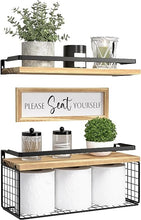 Floating Shelves with Wall Décor Sign, Bathroom Shelves Over Toilet with Wire Storage Basket, Wood Wall Shelves with Protective Metal Guardrail– Black