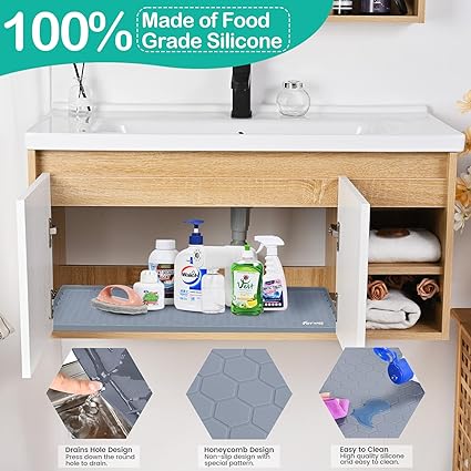 Under The Mat Sink - 34 x 22 Waterproof Kitchen Cabinet Mat - Flexible  Silicone Under Sink Liner with Drain Hole - Kitchen Bathroom Cabinet Mat  and