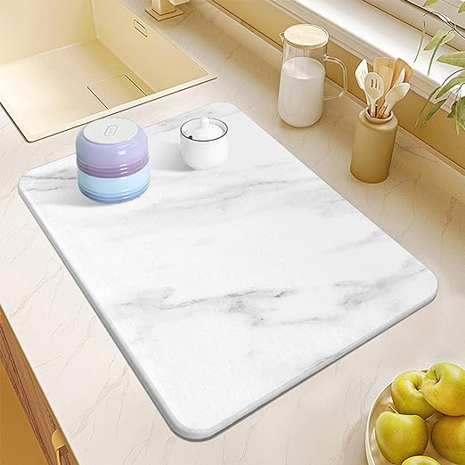 Quick Drying Diatomaceous Earth Ultra Absorbent Dish Stone Dish Drying Mat, (15.7x11.7 Inch, White Marble)