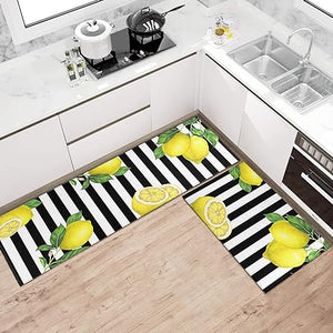 2 Piece Washable Non-Slip Black Boho Kitchen Mats