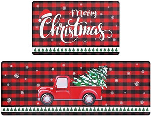 Set of 2 Anti-Fatigue Kitchen Mats Cushioned Red Plaid Christmas Truck Kitchen Rugs.17"x27.5"+17"x47"