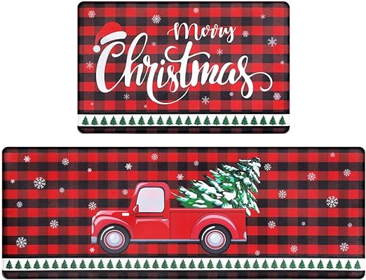Set of 2 Anti-Fatigue Kitchen Mats Cushioned Red Plaid Christmas Truck Kitchen Rugs.17