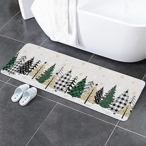 Set of 2 Anti-Fatigue Black and Green Gray Buffalo Xmas Tree Non-Slip  Runner Rug, 16x24n+16x47in