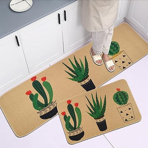 Green Plant Decorative Kitchen Mats Set of 2, Non-Slip Washable Kitchen Floor Rugs, with Rubber Backing Holiday Party-Profile Doormat (Cactus)