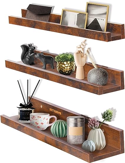Set of 3, 24 Inch Rustic Wood Shelves with Ledge, Various Sizes, Wall Mounted Display Shelves, Perfect for Pictures, Plants, Bedroom, Living Room, Rustic Brown BT006