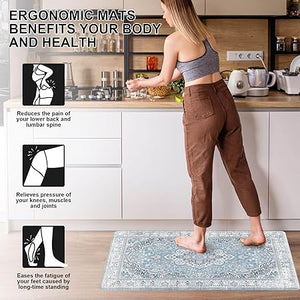 Anti Fatigue 2 Pieces Blue Kitchen Rugs Non Slip Waterproof Kitchen Floor Mats Cushioned Boho Kitchen Runner Rug Comfort Memory Foam Kitchen Mats for Floor,Front of Sink,Laundry Room