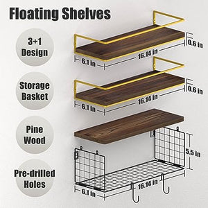 Bathroom Shelves Wall Mounted with Paper Storage Basket -Brown