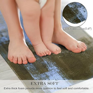 2 Pieces Abstract Anti Fatigue Non Slip Foam Cushioned Blue and Brown Art Painting Comfort Indoor Floor Mat, (17"x48"+17"x24")