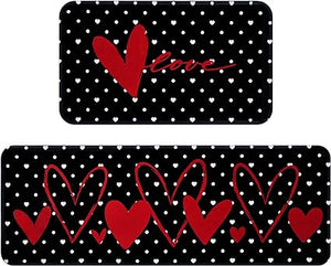 2 Pcs Valentines' Day, Black Kitchen Area Rug Set, Non Slip Backing, Absorbent Anti Fatigue Kitchen Mats