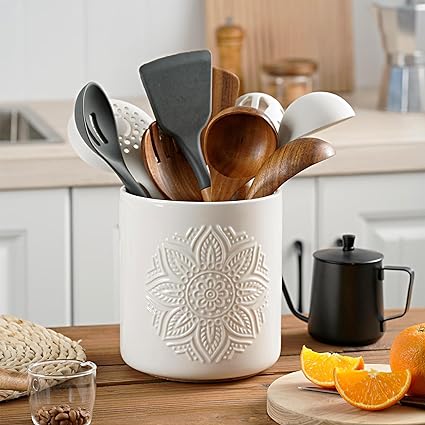 7.2” Large Ceramic Cooking Utensil Holder with Cork Mat for Countertop,