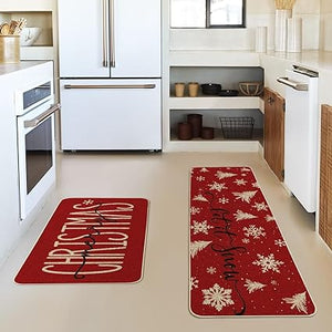 Xmas Trees Snowflake Let It Snow Christmas Kitchen Mats Set of 2, Winter Decor Low-Profile Kitchen Rugs for Floor - 17x29 and 17x47 Inch