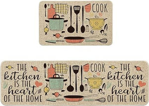 The Kitchen is The Heart of The Home Kitchen Mats Set of 2, Seasonal Cooking Sets Holiday Party Low-Profile Floor Mat for Home Kitchen - 17x29 and 17x47 Inch