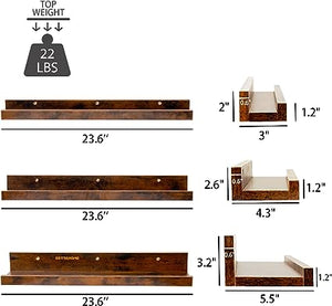 Set of 3, 24 Inch Rustic Wood Shelves with Ledge, Various Sizes, Wall Mounted Display Shelves, Perfect for Pictures, Plants, Bedroom, Living Room, Rustic Brown BT006