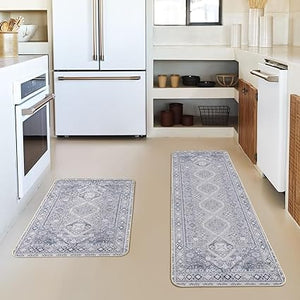 Blue Flowers Bohemia Kitchen Mats Set of 2  - 17x29 and 17x47 Inch