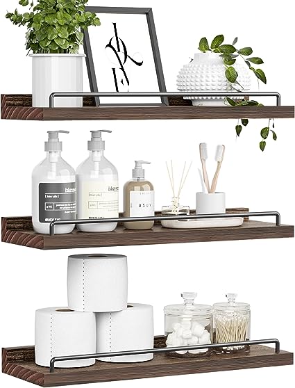 Floating Shelves for Wall Decor Bathroom Shelves Over Toilet, Farmhouse Wall Shelves for Living Room, Bedroom, Picture Frames, Plants, Kitchen (Dark Brown, Set of 3)