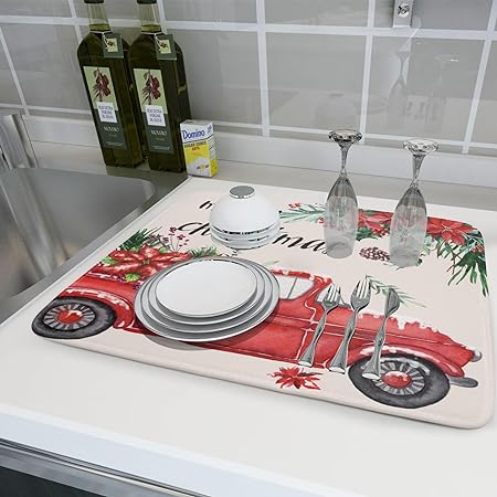 Christmas Coffee Bar Mat, Dish Drying Mat For Kitchen Counter