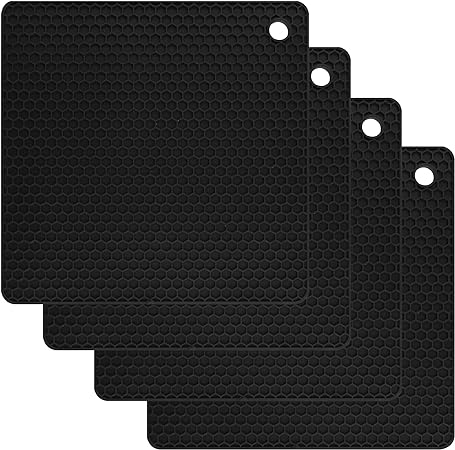 Silicone Trivets for Hot Dishes, Pots and Pans, Hot Pads for Kitchen, Black Silicone Pot Holders, Silicone Mats for Kitchen Counter, Non Slip Heat Resistant Mat, Flexible Trivet Mat Set 4