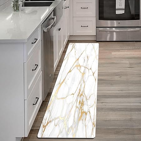 Gold White Non Slip Waterproof Leather Long Cushioned Anti Fatigue Marble Kitchen Runner Rug, 23.5