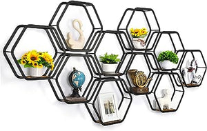 Hexagonal Floating Shelves Wall Mounted Set of 3 Wood Farmhouse Storage Honeycomb Wall Shelf for Bathroom, Kitchen, Bedroom, Living Room, Office,Driftwood Finish