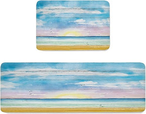 Watercolor Beach 2 Pieces Anti-Slip Water Absorbent Standing Rug for Kitchen Floors 18x30in+18x60in Blue Sky and Sunset Wooden Grain