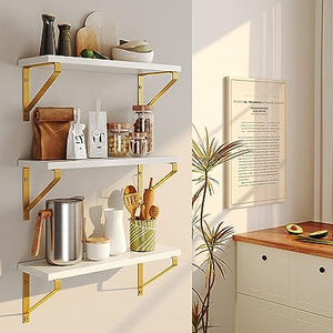 Wall Mounted Bathroom White Floating Shelves Set of 3, (Gold Bracket)