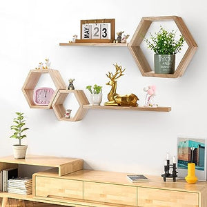 Wall Mounted Wood Farmhouse Storage Honeycomb Wall Shelf Set of 5 for Wall Decor, Bathroom, Kitchen, Bedroom, Living Room, Office and More (Natural)