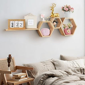 Wall Mounted Wood Farmhouse Storage Honeycomb Wall Shelf Set of 5 for Wall Decor, Bathroom, Kitchen, Bedroom, Living Room, Office and More (Natural)