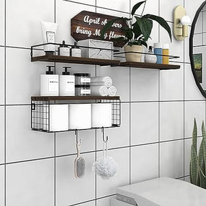 Bathroom Shelves Wall Mounted with Paper Storage Basket -Brown