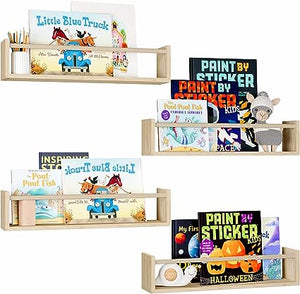 16.5 Inch Floating Bookshelves for Nursery Decor & Playroom Decor, Set of 4,  (Natural Wood)