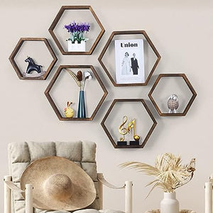 Hexagonal Floating Shelves Wall Mounted Set of 3 Wood Farmhouse Storage Honeycomb Wall Shelf for Bathroom, Kitchen, Bedroom, Living Room, Office,Driftwood Finish