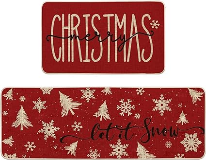 Xmas Trees Snowflake Let It Snow Christmas Kitchen Mats Set of 2, Winter Decor Low-Profile Kitchen Rugs for Floor - 17x29 and 17x47 Inch