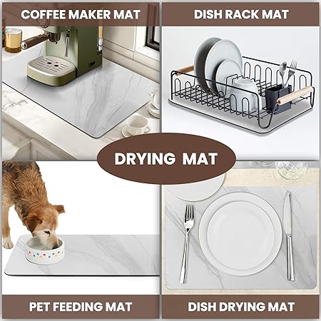 DEXI Drying Mat Kitchen Counter Coffee Bar Accessories Dish Rack Tray  Station Pad Cofee Maker Mats for Countertops,Absorbent Quick Dry, 16x24  Black