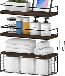 Bathroom Shelves Wall Mounted with Paper Storage Basket -Brown