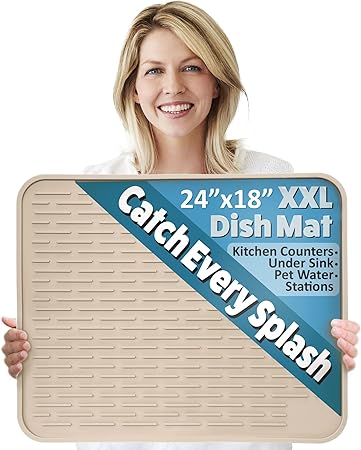 Extra Large, Waterproof Pet Feeding  XXL Silicone Dish Drying Mat, (Beige) 24