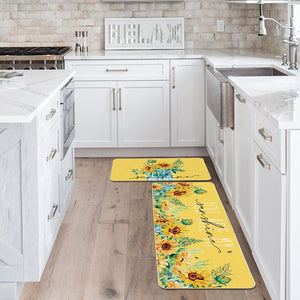 Yellow Sunflowers Hello Sunshine Summer Kitchen Mats Set of 2 - 17x29 and 17x47 Inch