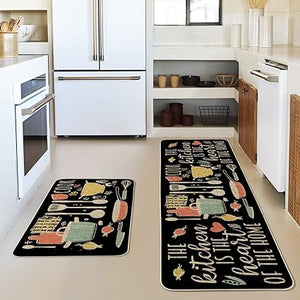 The Kitchen is The Heart of The Home Kitchen Mats Set of 2, Seasonal Cooking Sets Holiday Party Low-Profile Floor Mat for Home Kitchen - 17x29 and 17x47 Inch