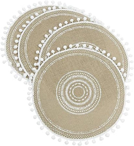 Tribal Folk Geometric Circles Pattern Round Placemat - Farmhouse Jute Table Mats  (Jute, Set of 4)