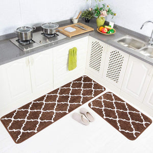 2 Pieces Set Absorbent Soft Microfiber Bath Mat Moroccan Trellis Non-Slip Kitchen Rugs - 17"x48"+17"x24", Grey