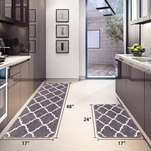 2 Pieces Set Absorbent Soft Microfiber Bath Mat Moroccan Trellis Non-Slip Kitchen Rugs - 17"x48"+17"x24", Grey