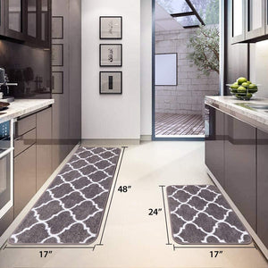 2 Pieces Set Absorbent Soft Microfiber Bath Mat Moroccan Trellis Non-Slip Kitchen Rugs - 17"x48"+17"x24", Grey