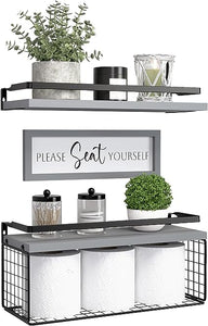 Floating Shelves with Wall Décor Sign, Bathroom Shelves Over Toilet with Wire Storage Basket, Wood Wall Shelves with Protective Metal Guardrail– Black