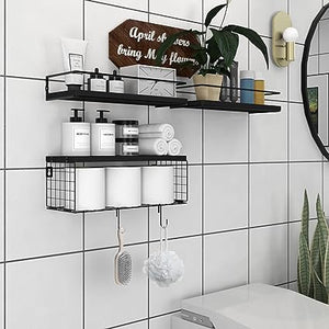 Bathroom Shelves Wall Mounted with Paper Storage Basket -Brown