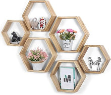 Hexagonal Floating Shelves Wall Mounted Set of 3 Wood Farmhouse Storage Honeycomb Wall Shelf for Bathroom, Kitchen, Bedroom, Living Room, Office,Driftwood Finish