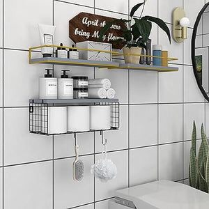 Bathroom Shelves Wall Mounted with Paper Storage Basket -Brown