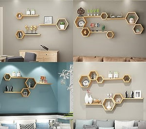 Wall Mounted Wood Farmhouse Storage Honeycomb Wall Shelf Set of 5 for Wall Decor, Bathroom, Kitchen, Bedroom, Living Room, Office and More (Natural)
