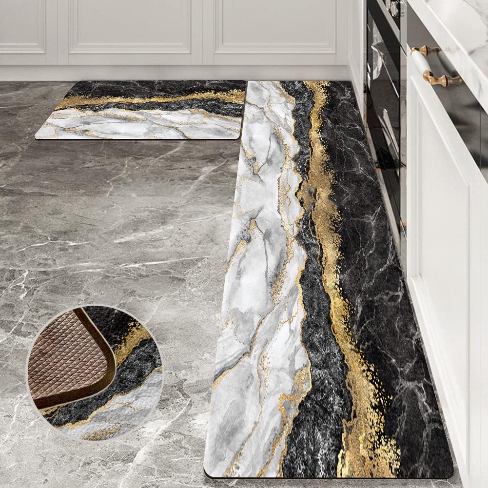 Black and Gold Marble Kitchen Mat Geometric Kitchen Rugs Set of 2